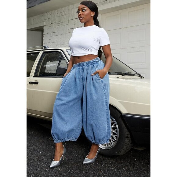 Women's Cropped Elastic Waist Denim Pants Loose Baggy Wide Leg Trousers - Picture 6 of 9